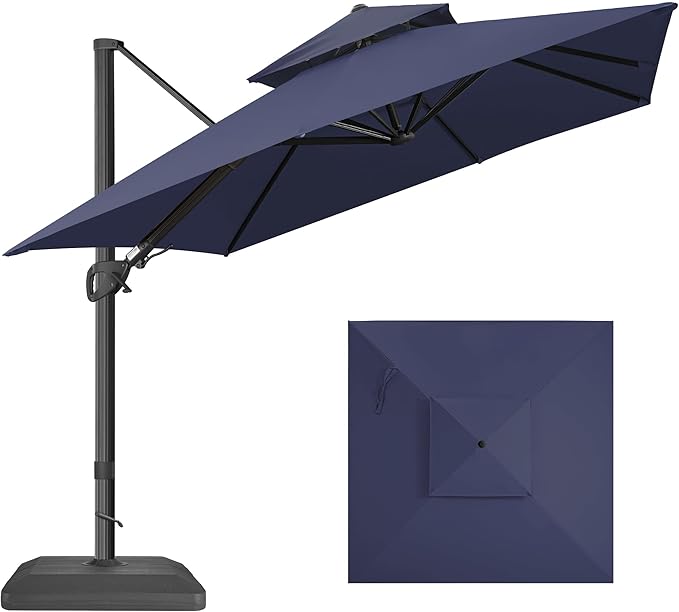 FLAME&SHADE 10x10 FT Square Cantilever Patio Umbrella - Aluminum Offset Umbrella with Tilt 360-Degree Rotation, Fade Resistance Fabric Large Patio Umbrella Outdoor for Deck Pool Garden - Navy Blue
