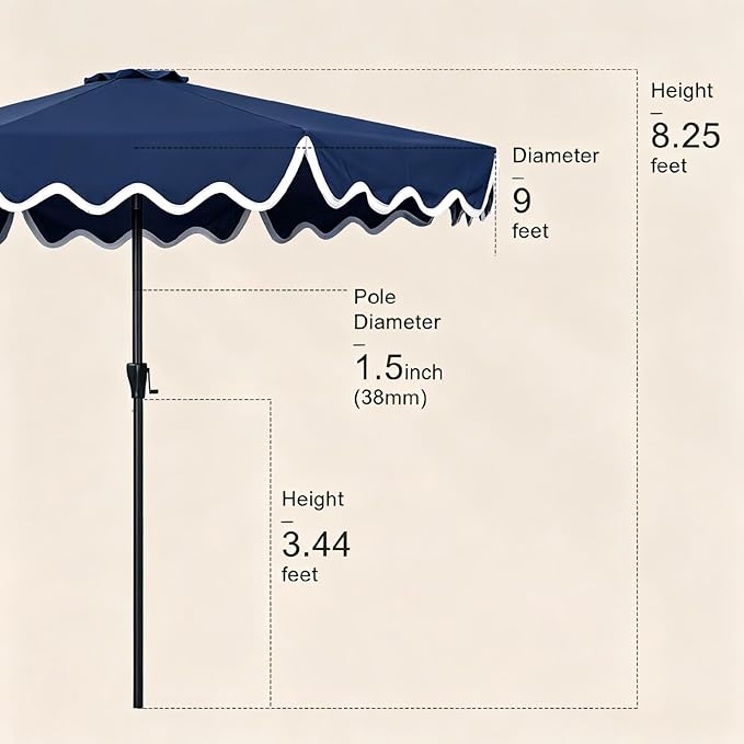 Tempera 9FT Scalloped Tassel Patio Umbrella, Outdoor Market Umbrellas with 8 Sturdy Ribs with Crank & Pust Button Tilt,Fade Resistant Canopy