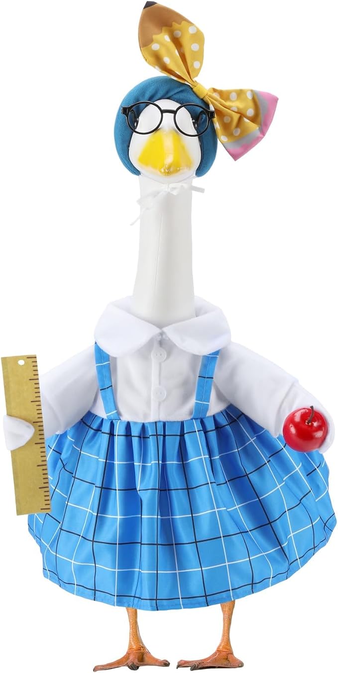 Back to School Porch Goose Outfits for 23 Inch Statue, Teacher Costume for Cement Statue, Duck Sculpture Clothes for Classroom Patio Decoration