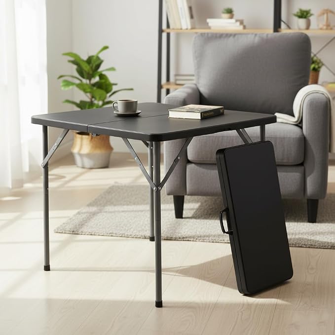 34" Folding Card Table, Heavy Duty HDPE Square Table, Fold-in-Half Portable Design with Carry Handle, Indoor Outdoor Utility Dining Table for Picnic, Camping, 330 lbs (Black, 34in)