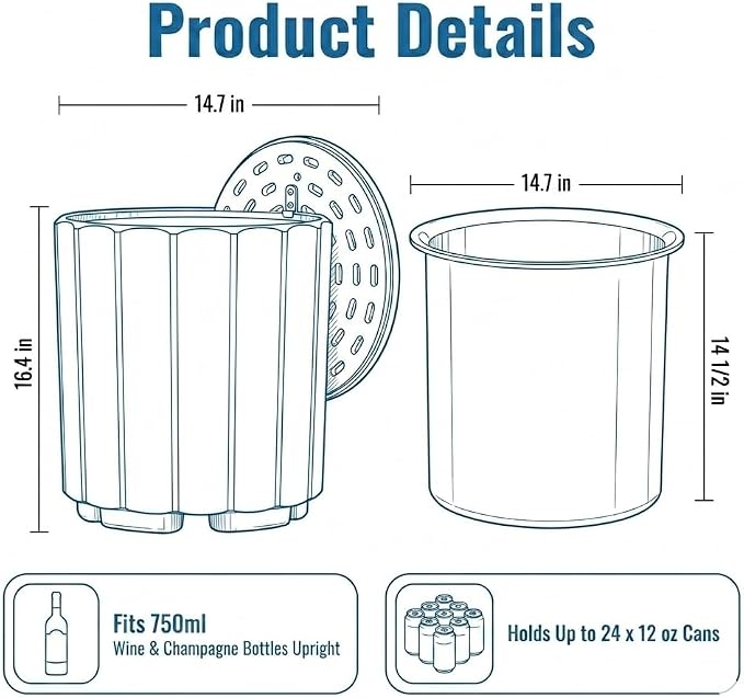 Zapdos 3-in-1 Outdoor Cooler Side Table, Dense Fluted Design, 16.5in Patio Ice Bucket, 330lbs Capacity, No Assembly, White