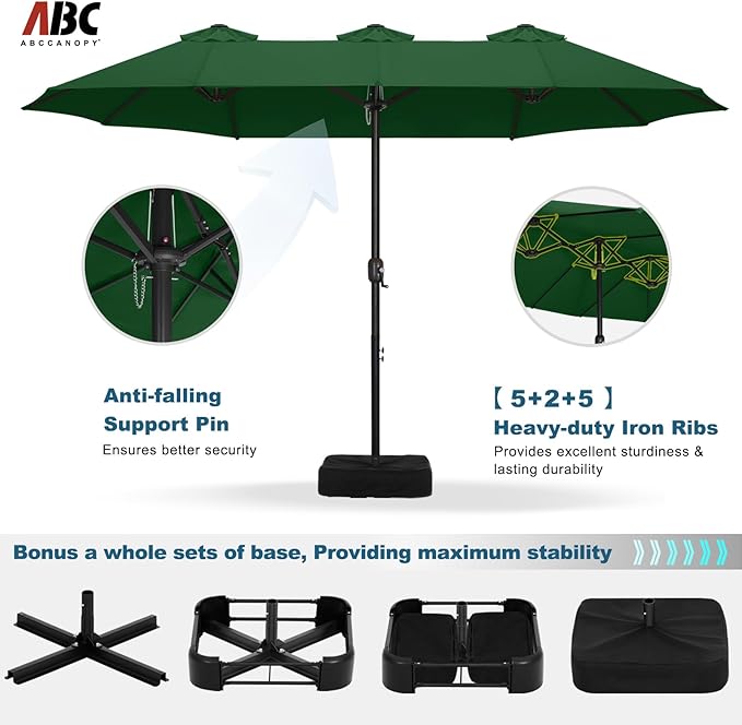 ABCCANOPY 15FT Patio Umbrella with Base, Outdoor Double-Sided Rectangle Umbrella Bonus Latch, Wights for Poolside, Lawn, Backyard (Green)