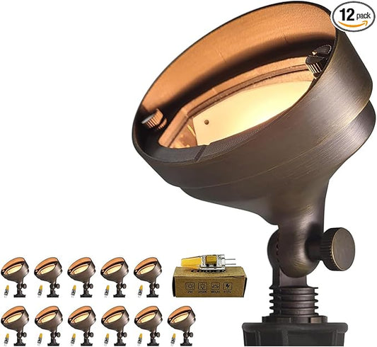 COLOER Die-cast Brass LED Landscape Flood Lights Outdoor 12-Pack with G4 Bulb, 3W 12-15 Volt Low Voltage Wall Wash Lighting, Outdoor Floodlight for Illuminating Signs, Walls and Plant Material(501B)