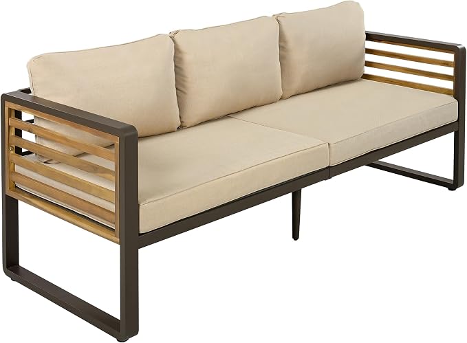 Large 4-Piece Outdoor Patio Sofa Set for 5 People,Garden Conversation Set with Removable Cushions,Metal & Wood Frame,Acacia Wood Tabletop,Modern Minimalist Design,Waterproof and UV-Proof, Brown