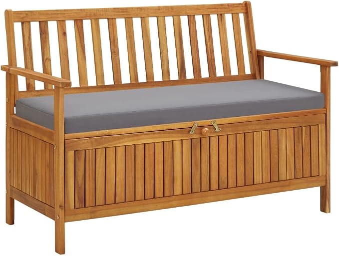 Patio Storage Bench with Gray Cushion, Outdoor Wooden Deck Box, Solid Wood Patio Furniture for Outdoor Cushions, Pool Storage and Garden Tools, 47.2"x24.8"x33.1", -329