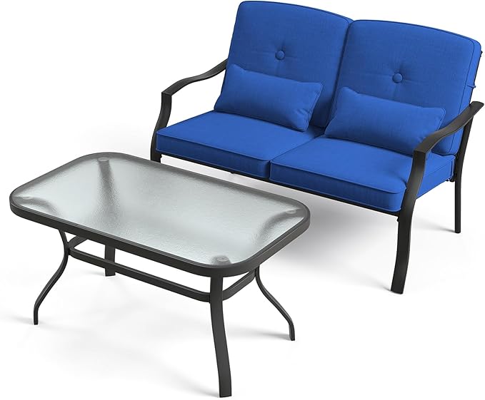 Tangkula 2 Piece Patio Furniture Set, Outdoor Loveseat Chair Set with Seat Back Cushions & Waist Pillows, Tempered Glass Coffee Table, Heavy-Duty Metal Sofa Set for Yard Garden Balcony Poolside
