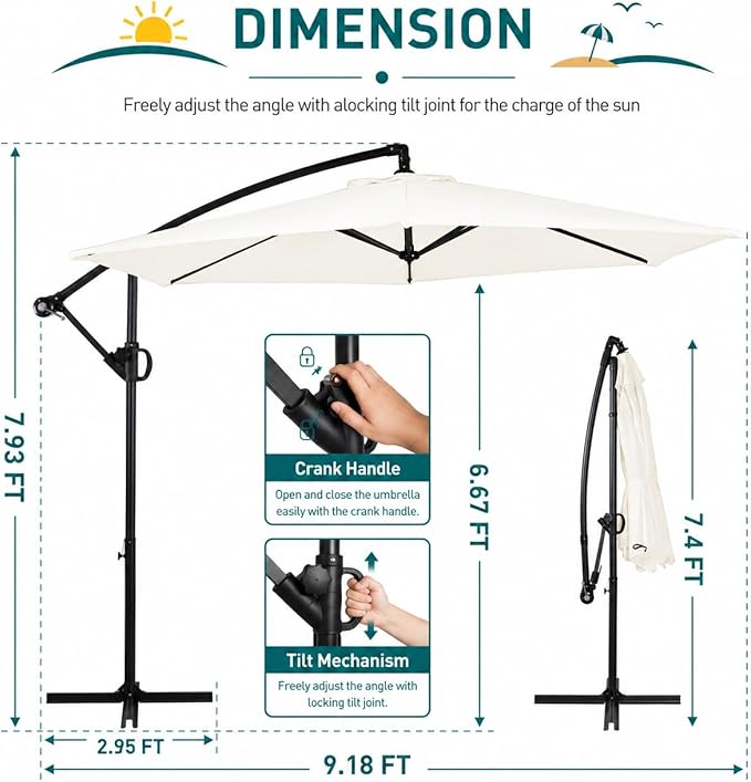 JAMFLY Large 9FT Offset Patio Umbrella with Cantilever Crank & Infinite Tilt, Heavy Duty Outdoor Hanging Umbrella with Cross Base for Backyard, Deck, Poolside