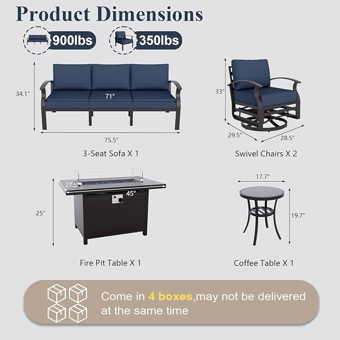 ALAULM Aluminum Patio Furniture Set with Propane Fire Pit Table 5-seat Metal Outdoor Furniture w/Fire Pit Patio Sectional Sofas w/5.1" Cushions for Patio, Backyard, Poolside-Dark Blue