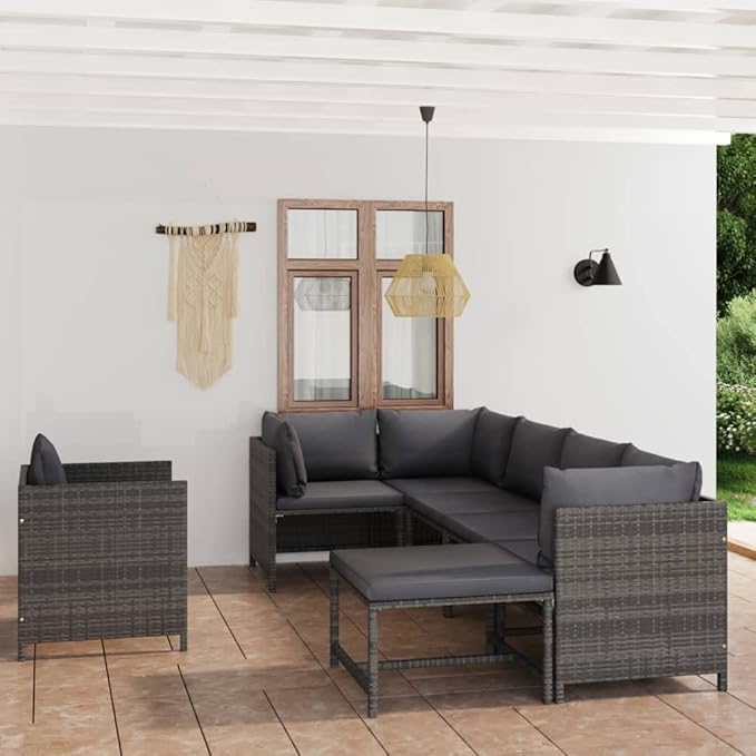 7-Piece Modular Patio Conversation Set Grey PE Rattan Powder-Coated Steel 23.6 x 23.6 x 12.6 in Modern Flex Layout for Garden Balcony Terrace