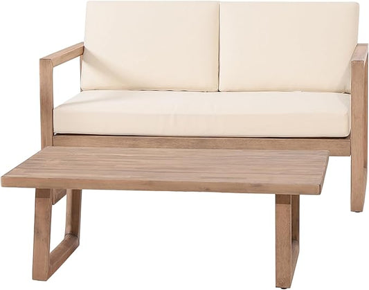 Christopher Knight Home Stefan Acacia Wood Outdoor Loveseat and Coffee Table Set with Cushions, 2 Piece Patio Conversation Set, Brown Wash, Beige