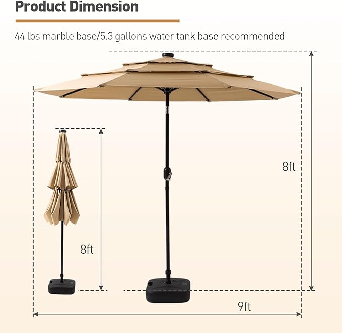 COSIEST 9FT 3 Tiers Patio Umbrella with Solar Lights, LED Outdoor Umbrellas with 8 Sturdy Ribs, Market Patio Table Umbrella with Push Button Tilt, Pool Umbrellas for Garden, Pool, Backyard