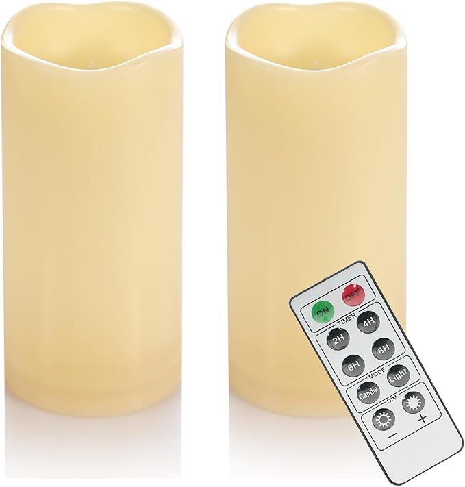 2 Pack 6'' Outdoor Battery Operated Candles with Timer Flameless LED Flickering Candles Waterproof Electric Pillar Decorative Candle for Wedding Party Home Lantern Garden