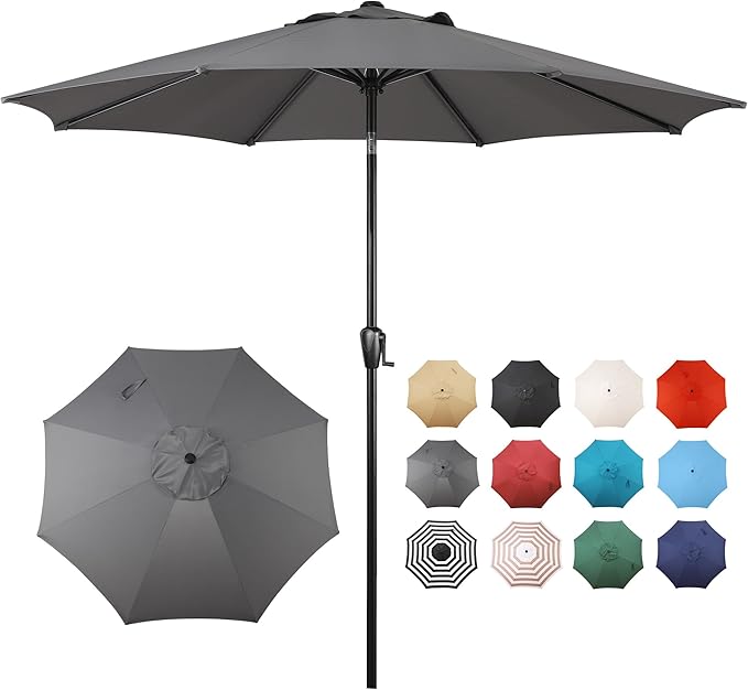 Sun-Ray 9' Round Patio Umbrella with Push-Button Tilt and Hand Crank Lift System, Market Umbrella for Porch, Deck, and Patio