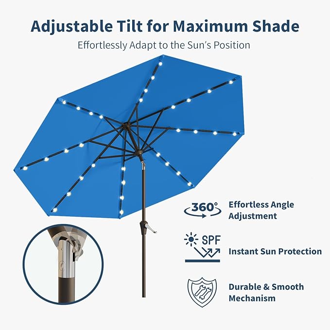 9FT Solar Umbrella 32 LED Lighted Patio Umbrella Table Market Umbrella w/Tilt and Crank, UV-Resistant Outdoor Umbrella for Pool, Garden, Deck, Royal Blue