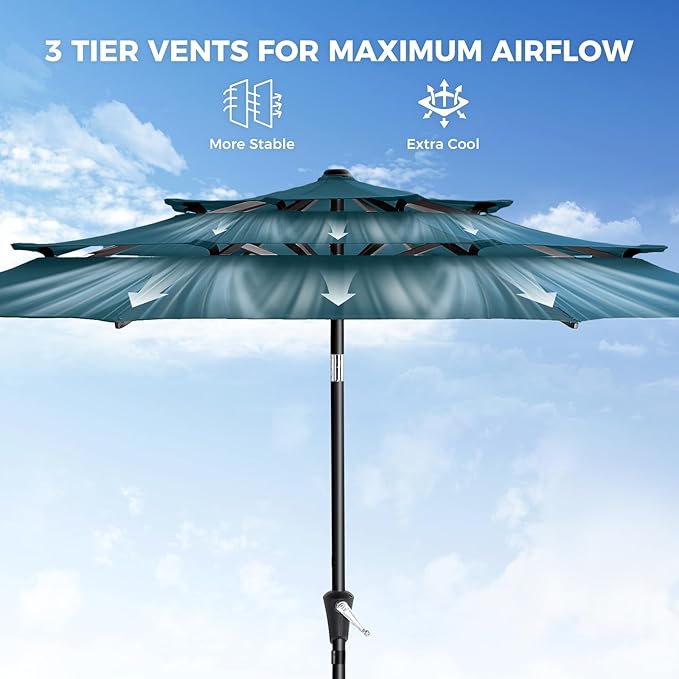 HOMSHADE 9FT 3-Tiers Outdoor Patio Umbrella with 5-Year Fade Resistant,Vented Outdoor Commercial Market Umbrella with UPF50+ UV Protection & Push Button Tilt and Crank for Pool,Backyard(Peacock Blue)