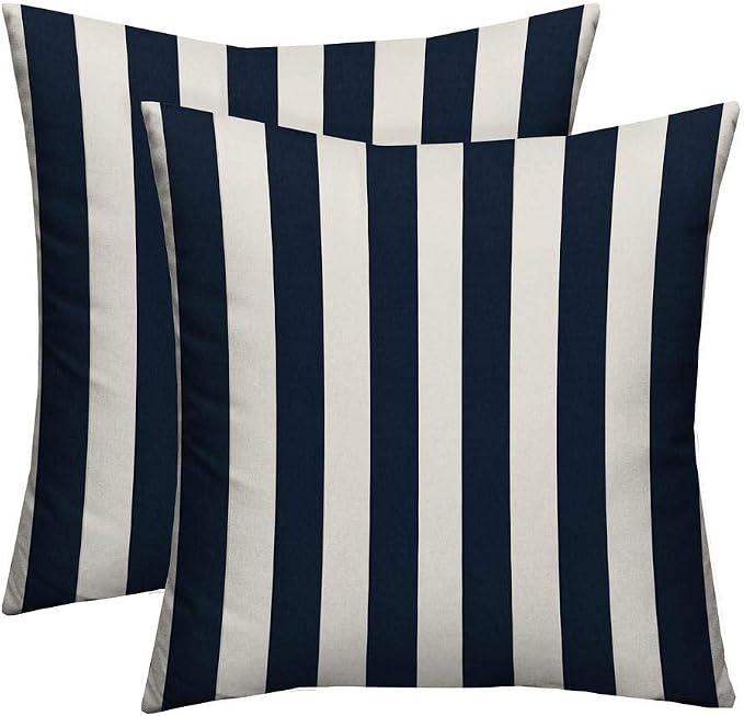 RSH DECOR Square Throw Pillows Set of 2, 17x17 Inch Decorative Pillows for Couch, Water-Resistant Patio Furniture Pillows, All-Weather Spun Fabric, Navy & White Stripe - Made in USA