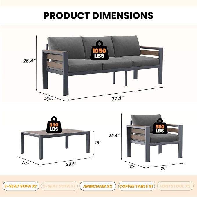 DoCred Aluminum Patio Furniture Set, 4-Piece Modular Patio Conversation Set with Widened Armrests and Thickened Cushions, Metal Outdoor Furniture Set for Porch, Balcony, Deck, Yard, Poolside