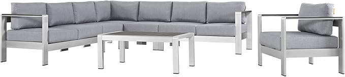 Modway Shore 7-Piece Aluminum Outdoor Patio Sectional Sofa Set in Silver Gray