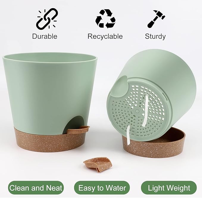 YNNICO Indoor Self Watering Planters with Drainage Holes and Saucers, 8, 7, 6.5, 6, 5.5, 5 Inches, Green, 6 Pots.