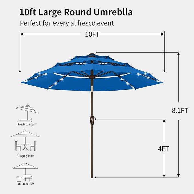 Kingdura 10ft 3-Tier Patio Umbrella with Solar Lights, Table Umbrella Outdoor Patio with Easy Crank & Tilt, 8 Sturdy Ribs, UV Protection, 32 LED Lights for Deck, Poolside, Market (Royal blue)