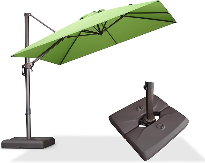 PURPLE LEAF 9' X 9' Patio Umbrella With Base Antique Bronze Square Cantilever Umbrella Outdoor with 360° Rotation and Aluminum Offset Hanging for Pool Deck Garden Backyard, Green