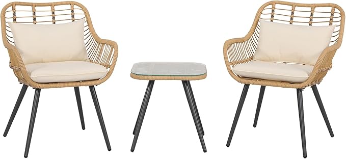 JOIVI 3 Piece Outdoor Wicker Conversation Bistro Set, Patio Furniture Rattan Chairs and Square Side Table Set for Porch, Balcony, Poolside, Yard, White Cushion