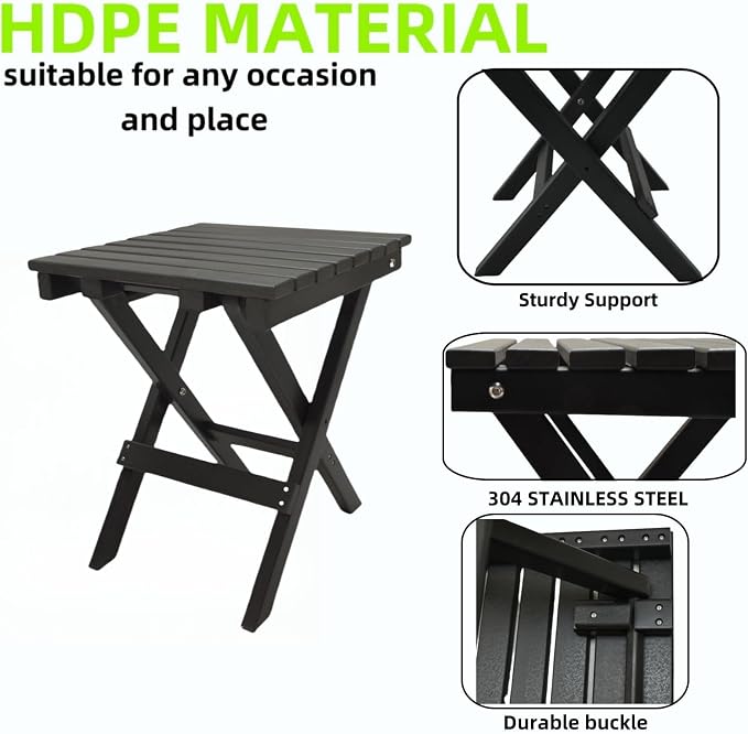 Outdoor Side Table Patio HDPE Small Outside Plastic Folding End Tables for Porch, Patio, Adirondack, Pool, Indoor, Deck, Balcony, Coffee, Black