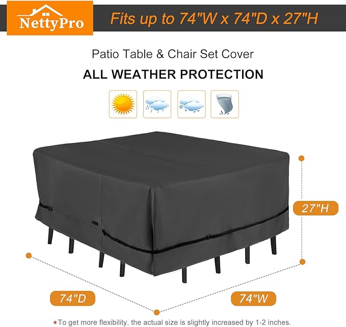 NettyPro Patio Table Cover Square 74 x 74 Inch, Waterproof Outdoor Furniture Dining Set Covers for Table and Chair, Black