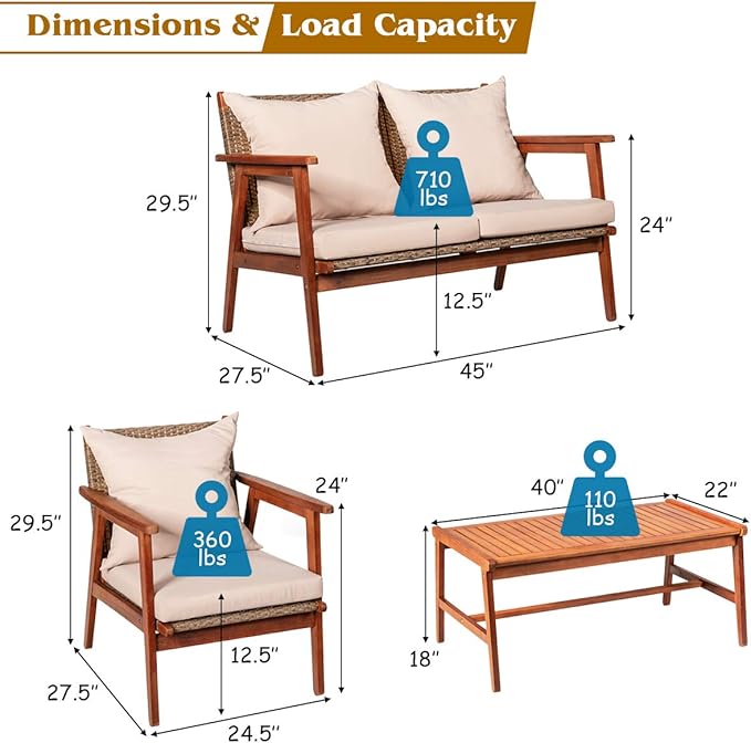 Tangkula 8 PCS Patio Wood Sofa Set, Outdoor Acacia Wood Seating Chat Set with Cushions & Coffee Table, Sectional Conversation Sofa Set for Garden, Backyard, Poolside (2, Brown)