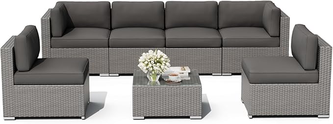 Oakcloud 7-Piece Outdoor Grey Rattan Wicker Sectional Conversation Sets Patio Furniture Sofa Set with Cushions and Glass Top Table(Grey)