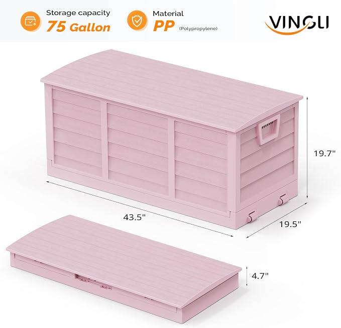 VINGLI 75 Gallon Collapsible Outdoor Storage Box, Simple-to-assemble Plastic Storage Containers with Lid, Patio Deck Box Furniture for Garden, Pool, Balcony, Yard (Pink)