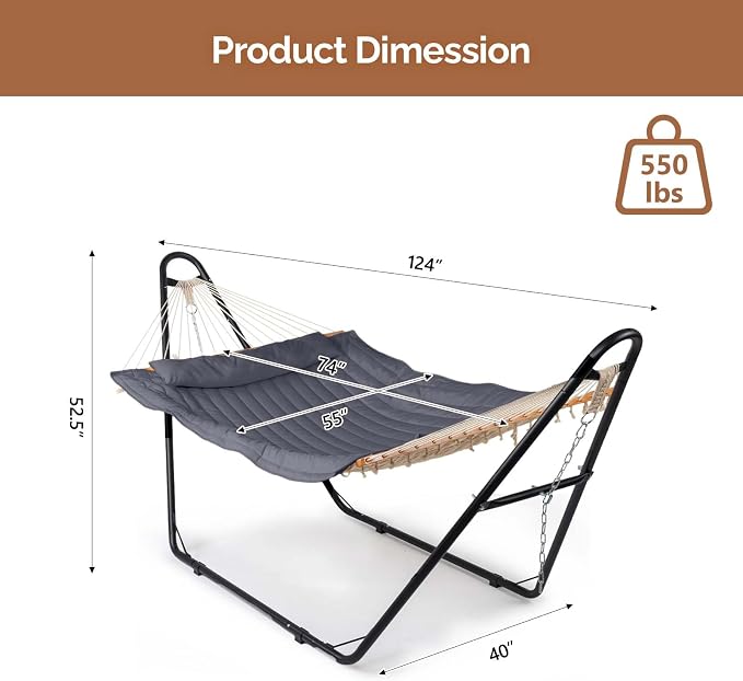 Double Hammock with Stand 450 LBS Capacity Steel Stand, Heavy Duty Outdoor Hammock for Patio, Garden Yard, Backyard, Beach (Gray)