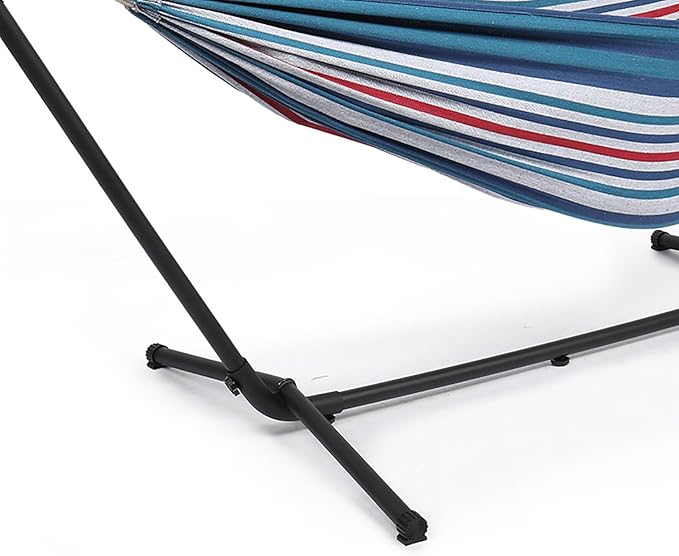 Double Hammock Chair with Stand, 2-Person Portable Hammock with Carrying Bag, Heavy Duty Hammocks for Outside Backyard, Camping, Garden, Yard, Patio, 330 lbs Weight Capacity (Blue Purple Stripes)
