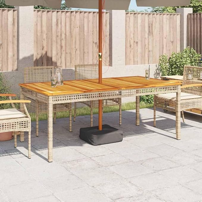 Beige Patio Table 70.9"x35.4"x29.5" with Acacia Wood Top and Poly Rattan Base for Garden, Backyard