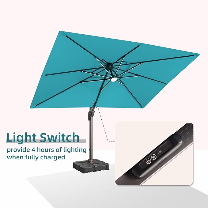 9 X 12 FT Cantilever Outdoor Patio Umbrella with Base Included Large Heavy Duty 360° Rotation Double Top Offset Rectangular Umbrellas with LED Lights for Backyard Outside Deck, Turquoise