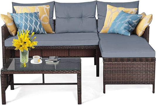 HAPPYGRILL 3 PCS Patio Conversation Set Sectional Rattan Wicker Sofa Set with Steel Frame & Seat Cushion, Outdoor Table & Sofa Furniture Set for Garden Lawn Pool Backyard