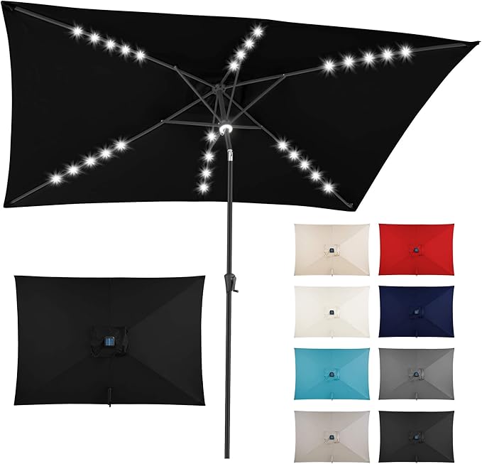 FLAME&SHADE 6.5 x 10 ft Rectangular Solar Powered Outdoor Market Patio Table Umbrella with LED Lights and Tilt, Black