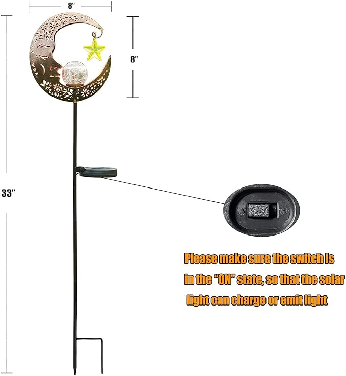 Hapjoy Solar Lights Outdoor Decor Moon Lantern for Patio,Lawn or Pathway Moon Decorations Crackle Glass Globe Stake Metal Lights Waterproof Warm LED Garden Gifts (Bronze)