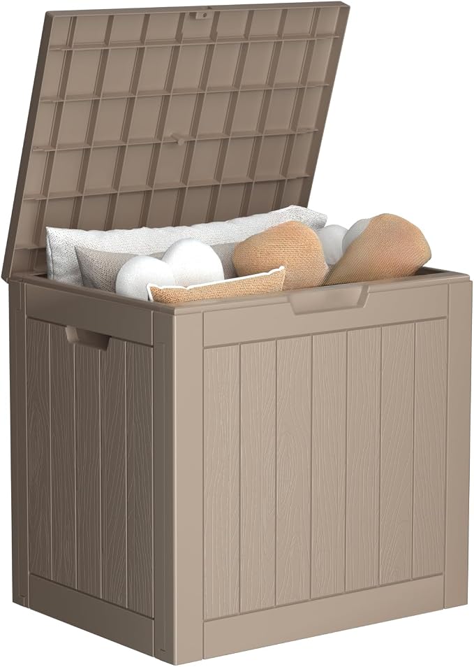 PatioZen 30 Gallon Resin Deck Box Outdoor Storage Box with Lockable Lid, Waterproof for Patio Cushions, Gardening Tools （Light brown）