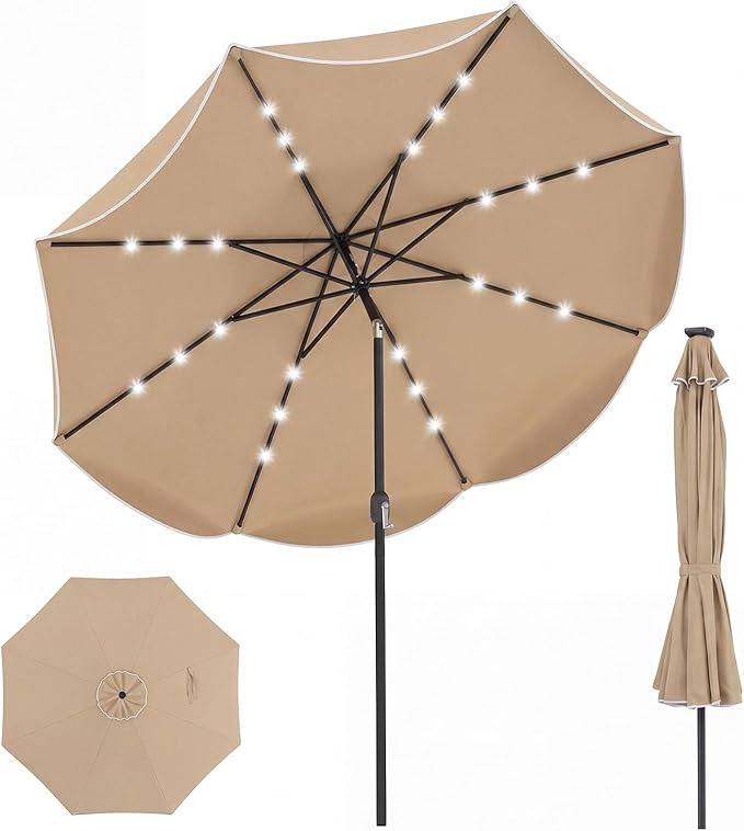Tangkula 10 FT Solar Patio Umbrella, 2-Tiers Outdoor Scalloped Table Umbrella with 24 LED Lights, Tilt Adjustment, Crank, 8 Ribs for Market Backyard Pool Deck Beach Lawn (Tan)