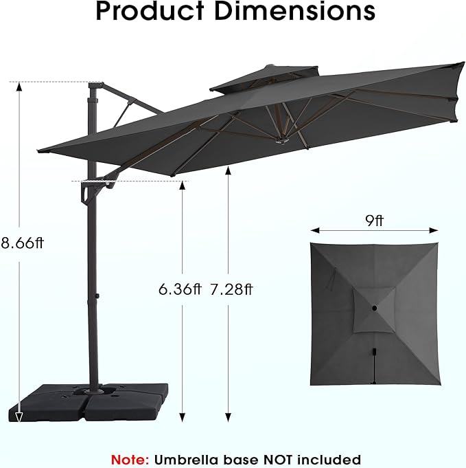 JEAREY 9ft 2-Tier Cantilever Patio Umbrella, Large Square Outdoor Offset Umbrella with Double Top Vent and 360-degree Rotation for Garden, Deck, Pool, Patio, Gray