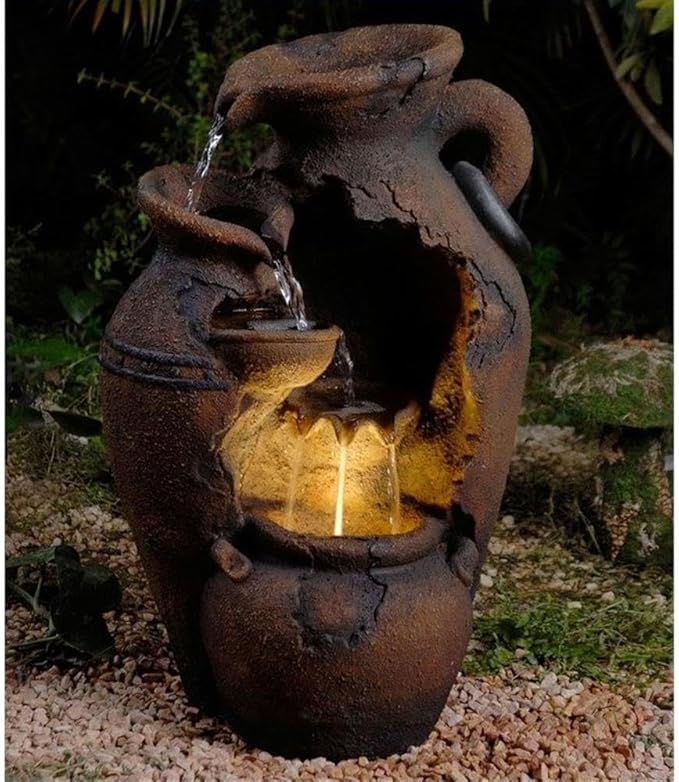 Afuera Living Old Fashion Pot Outdoor Fountain, 25 in H x 15 in W x 13 in D, Polyresin and Fiberglass, Distressed Look, LED Light, Weatherproof, Electric Pump, Outdoor Garden Decorative Water Feature