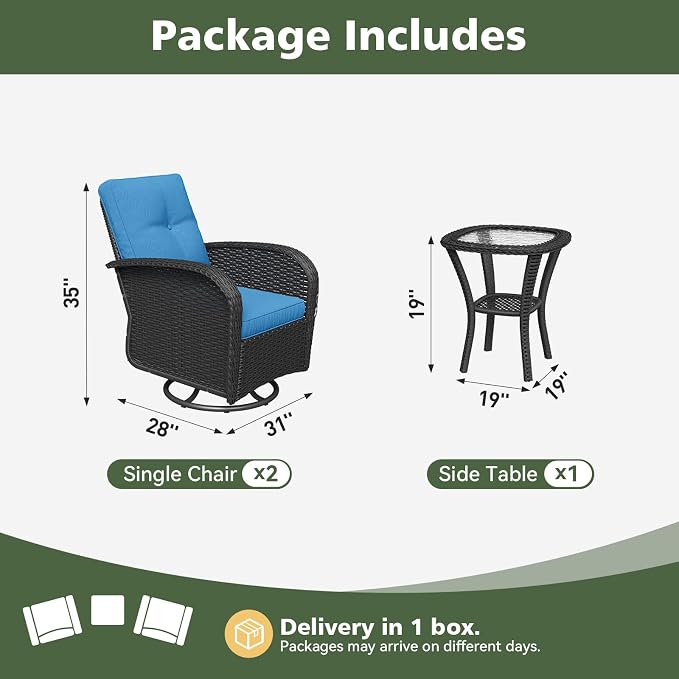 Aoxun 3 Piece Outdoor Patio Furniture Set with Side Table, Outdoor Patio Furniture Sets with High Back Swivel Rocker Chairs, Outdoor Sofa Set with Ottoman for Backyard & Garden, Peacock Blue