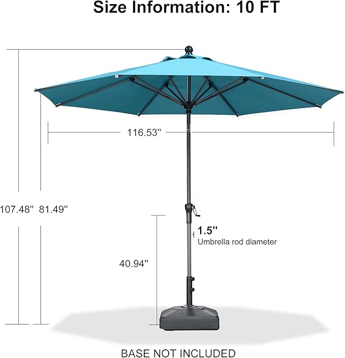 PURPLE LEAF 10' Round Patio Umbrella Outdoor Table Umbrella Aluminum Frame Market Umbrella Sun Umbrella with 8 Sturdy Ribs Tilt for Garden Deck Lawn Pool Turquoise Blue