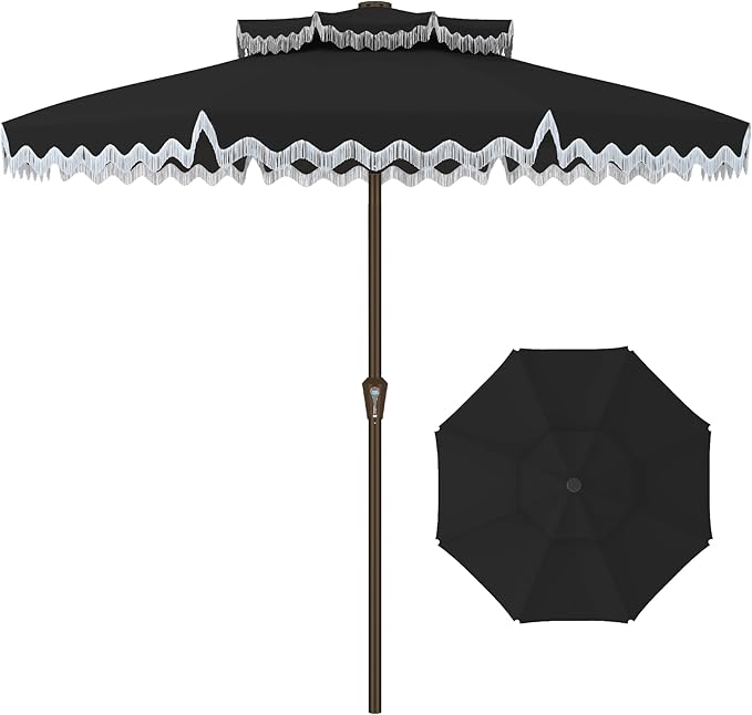 Kingdura 9ft Patio Umbrella with Fringe, Outdoor Table Umbrella with 8 Sturdy Fiberglass Ribs, Push-Button Tilt, Fade Resistant Canopy, UPF 50+, Luxurious Vintage Pool Umbrellas for Lawn, Deck, Balcony