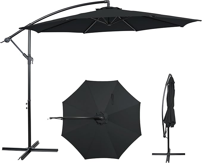 10FT Offset Patio Umbrella, Cantilever Hanging Umbrella with Infinite Tilt, Fade-Resistant Water-Repellent Canopy & Cross Base for Yard, Garden & Deck