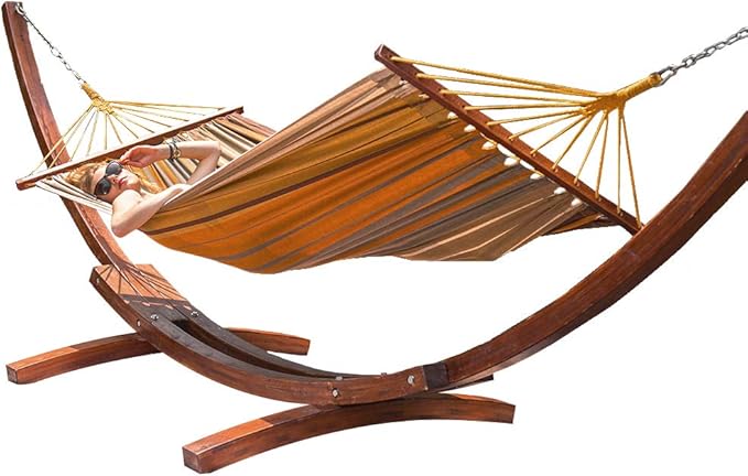 Lazy Daze Hammocks Cotton Fabric Spreader Bar Hammock and 10.5 Ft Wood Arc Hammock Stand Combo, for Indoor, Outdoor, Patio, Garden, Backyard, Khaki and Brown