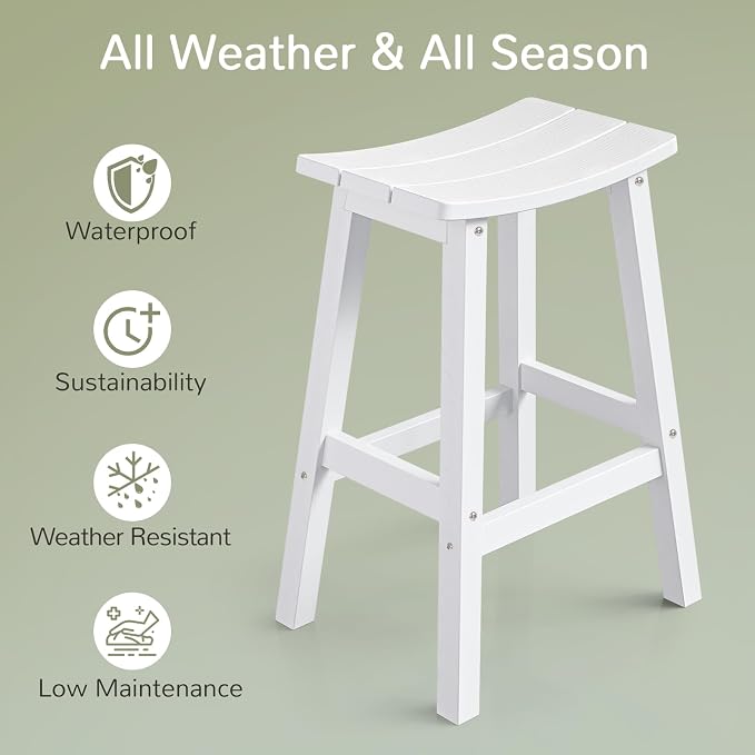 Stoog All-Weather Bar Stools Set of 2, 28" Waterproof Outdoor Barstools, Easy to Clean Low Maintenance HIPS Furniture for Bar, Kitchen Counter, Deck & Patio, White