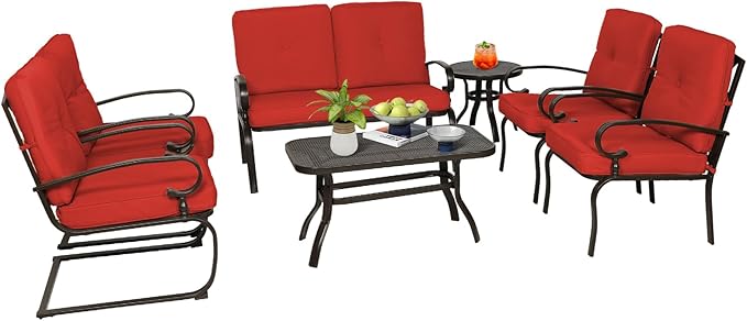Oakcloud 7Pcs Metal Outdoor Furniture Patio Conversation Set (Loveseat, Coffee Table and Bistro Table, 2 Spring Chair, 2 Dining Chair) -Wrought Iron Patio Chair Set with Cushions (Red)