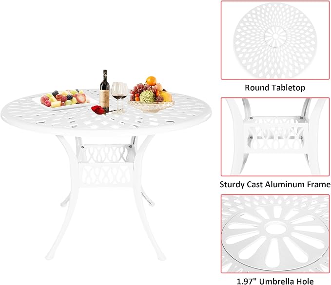 42" Cast Aluminum Outdoor Dining Table,Dining Conversation Side Table, Patio Bistro Table with 1.97" Umbrella Hole for Backyard, Garden, Patio, Porch